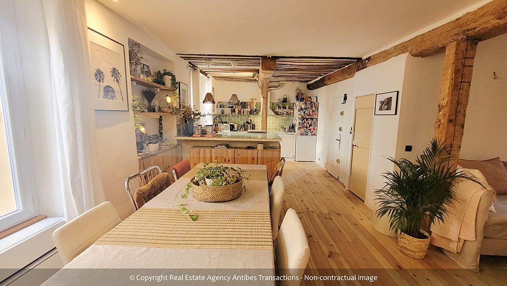 view of the living area and the open kitchen of the flat