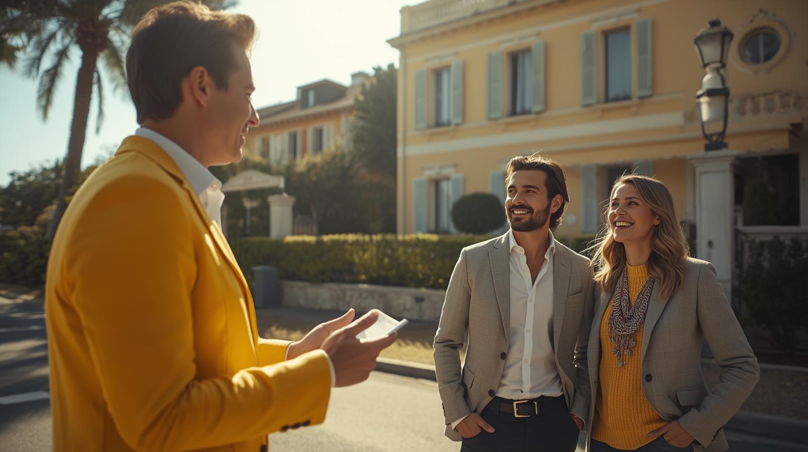 agent immobilier et couple d'acquéreurs devant une maison à Antibes