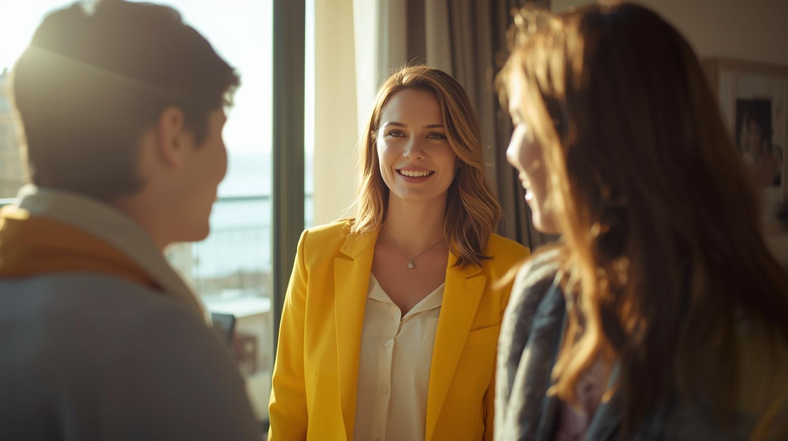 agent immobilier et couple d'acquéreurs à l'intérieur d'un appartement à Antibes